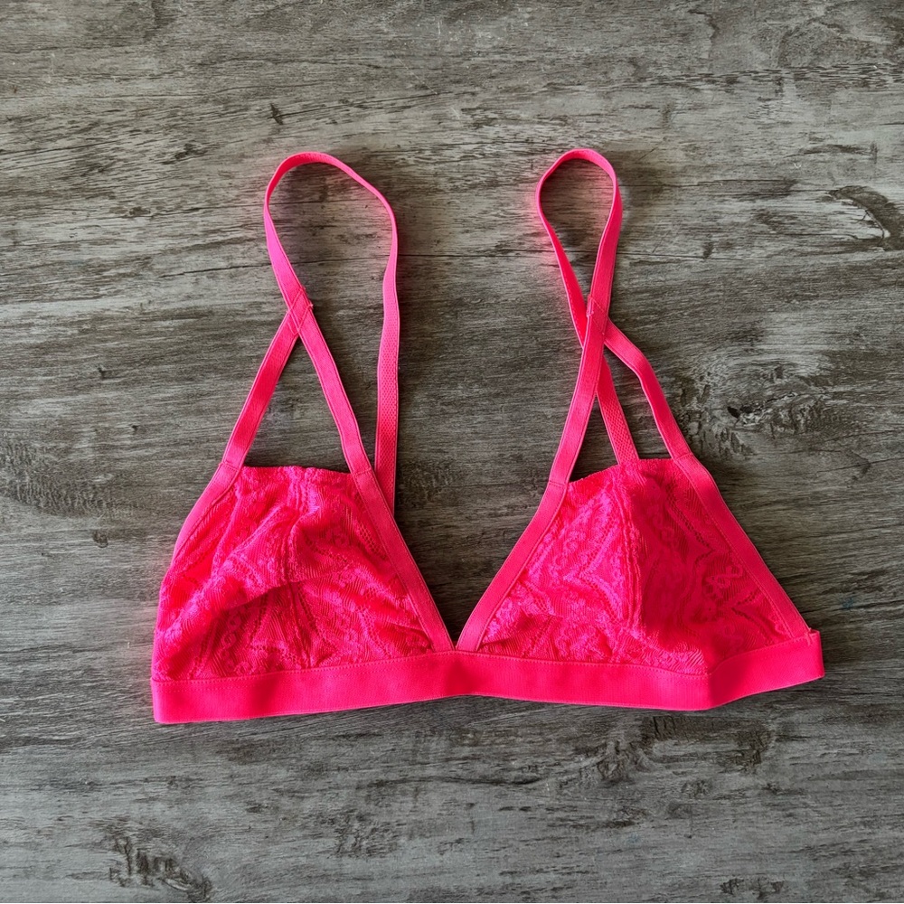 Express Lace Bralette Neon Pink Pull On Strappy Nylon Stretch Womens Small NWOT